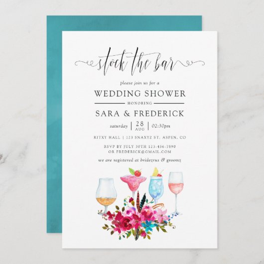 Wasserfarbe Boho Chic Blumengesteck Bar Einladung (Vorne/Hinten)