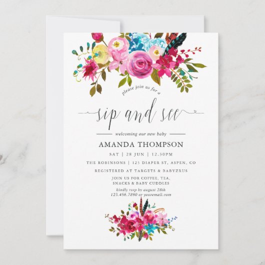 Wasserfarbe Boho Chic Blumensippe sehen Einladung (Vorderseite)