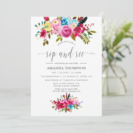 Wasserfarbe Boho Chic Blumensippe sehen Einladung (Stehend Vorderseite)