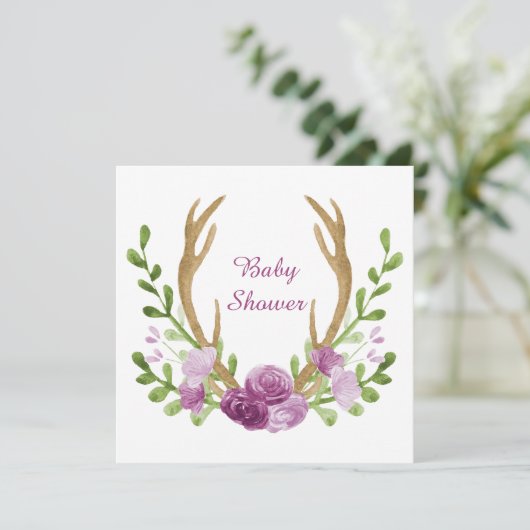 Wasserfarbe Boho Chic Purple Blumen Babydusche Einladung (Stehend Vorderseite)