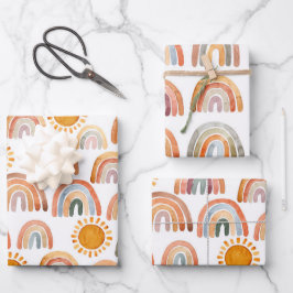 Wasserfarbe Boho Regenbogen und Sonne Geschenkpapier Set