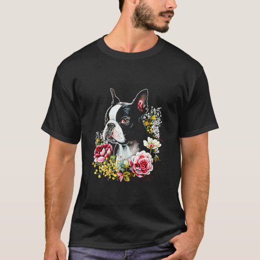 Wasserfarbe Boston Terrier mit Blume Bostie 16 T-Shirt (Vorderseite)