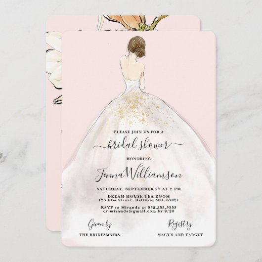 Wasserfarbe Brünett Bride Brautdusche Einladung (Vorne/Hinten)