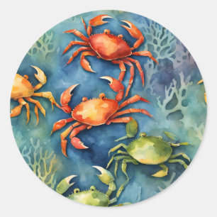 Wasserfarbe Bunte Krabben & Meereskoralle Küste  Runder Aufkleber