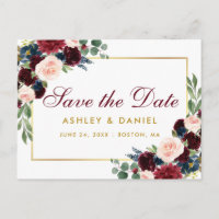 Wasserfarbe Burgund Blue Floral Gold Save the Date