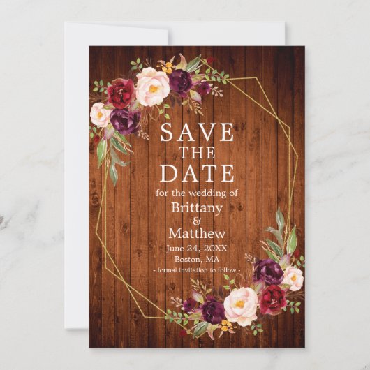 Wasserfarbe Burgund Blumenholz Gold Geo Rahmen Save The Date (Vorderseite)