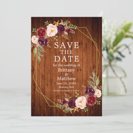 Wasserfarbe Burgund Blumenholz Gold Geo Rahmen Save The Date (Stehend Vorderseite)