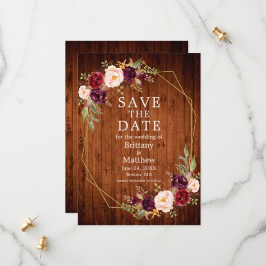 Wasserfarbe Burgund Blumenholz Gold Geo Rahmen Save The Date (Vorderseite/Rückseite Beispiel)