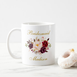 Wasserfarbe Burgund Floral Gold Bridesmaid Name Kaffeetasse