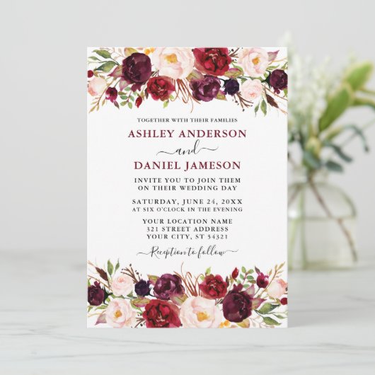 Wasserfarbe Burgund Floral Moderne Hochzeit Einladung (Stehend Vorderseite)