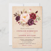 Wasserfarbe Burgund Rote Flora Rustikaler Boho Einladung (Vorderseite)