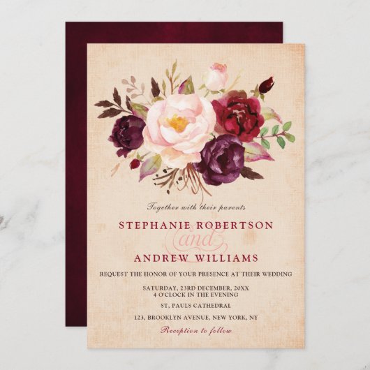 Wasserfarbe Burgund Rote Flora Rustikaler Boho Einladung (Vorne/Hinten)