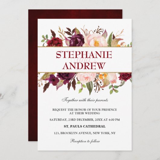 Wasserfarbe Burgund Rote Flora Rustikaler Boho Einladung (Vorne/Hinten)