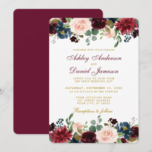 Wasserfarbe Burgundy Blauer Blumen Elegante Hochze Einladung