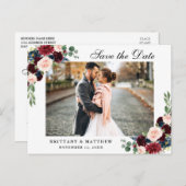 Wasserfarbe Burgundy Blauer Blütenblättriger Save Ankündigungspostkarte (Vorne/Hinten)