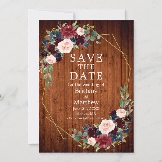 Wasserfarbe Burgundy Blauer Holzrahmen Save The Date (Vorderseite)