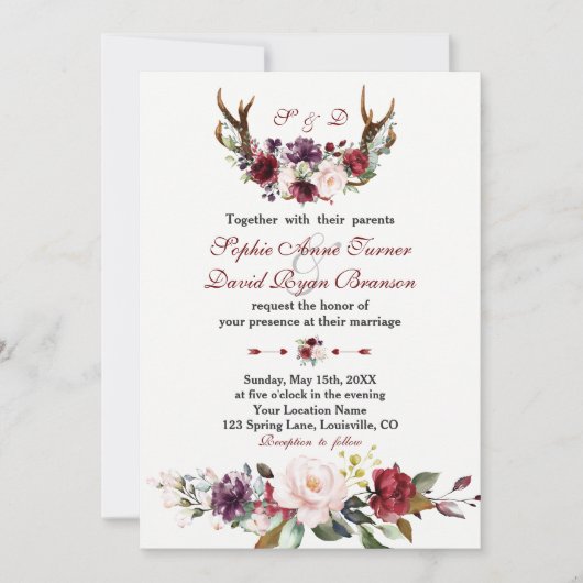 Wasserfarbe Burgundy Blush Floral Antlers Wedding Einladung (Vorderseite)