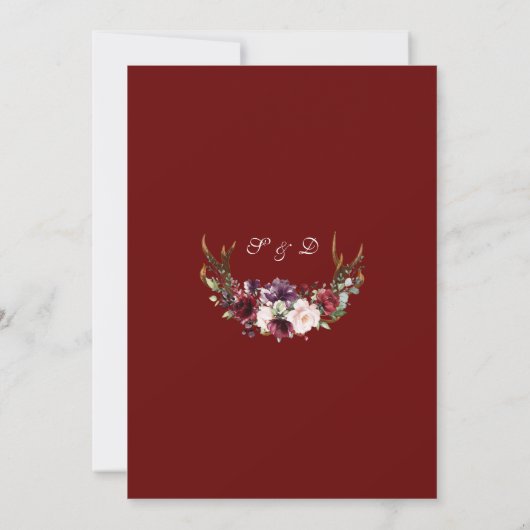 Wasserfarbe Burgundy Blush Floral Antlers Wedding Einladung (Rückseite)