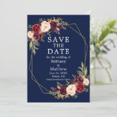 Wasserfarbe Burgundy Geo Rahmen blau Save The Date (Stehend Vorderseite)