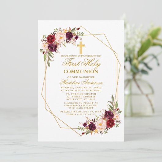 Wasserfarbe Burgundy Georahmenkommunion Einladung (Stehend Vorderseite)