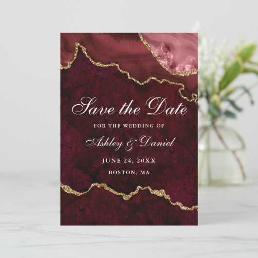 Wasserfarbe Burgundy Gold Marble Agate Geode Save The Date (Stehend Vorderseite)