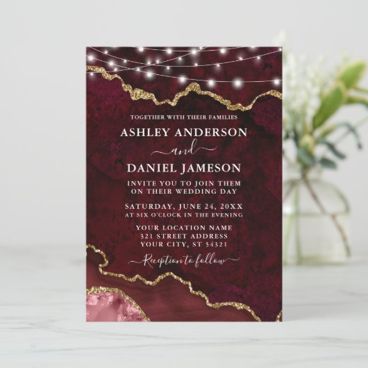 Wasserfarbe Burgundy Marble Geode Lights Hochzeit Einladung (Stehend Vorderseite)