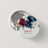 Wasserfarbe Burgundy Navy Blume Kinderdusche Button (Vorne & Hinten)