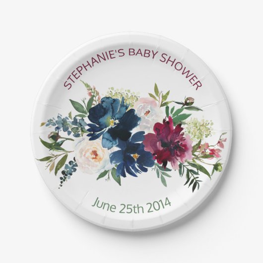Wasserfarbe Burgundy Navy Blume Kinderdusche Pappteller (Vorderseite)