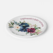 Wasserfarbe Burgundy Navy Blume Kinderdusche Pappteller (Schrägansicht)