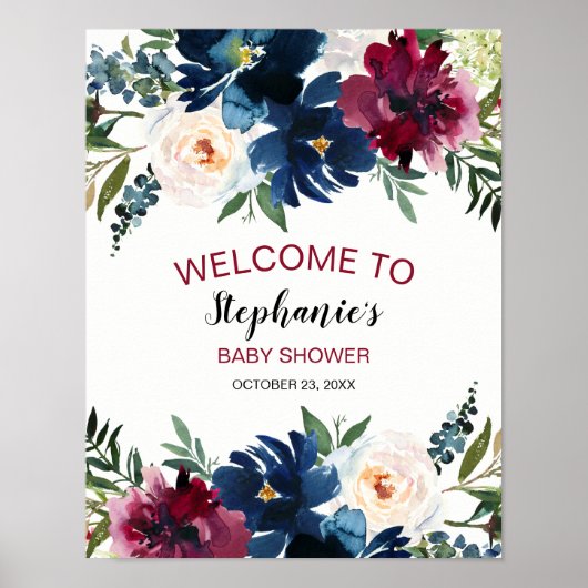 Wasserfarbe Burgundy Navy Blume Kinderdusche Poster (Vorne)
