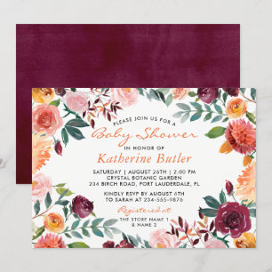 Wasserfarbe Burgundy Orange Pink Floral Baby Dusch Einladung