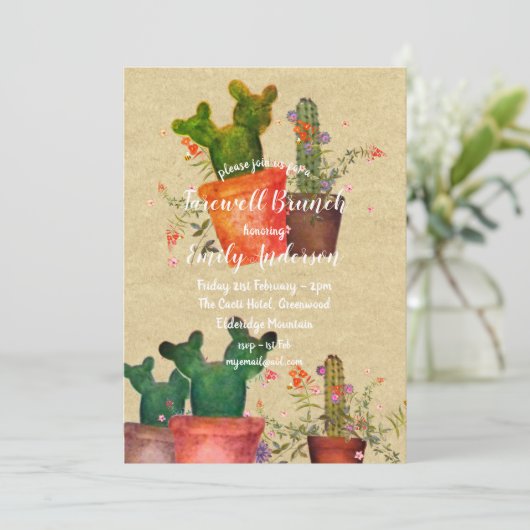 Wasserfarbe CACTI Abfahrt Party Rustikale Einladun Einladung (Stehend Vorderseite)