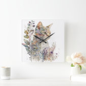 WASSERFARBE CAT-GESICHT UND HÜBSCHE BLUME QUADRATISCHE WANDUHR (Zuhause)