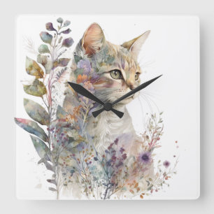 WASSERFARBE CAT-GESICHT UND HÜBSCHE BLUME QUADRATISCHE WANDUHR