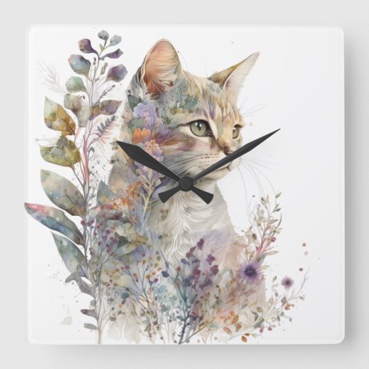 WASSERFARBE CAT-GESICHT UND HÜBSCHE BLUME QUADRATISCHE WANDUHR (Vorderseite)