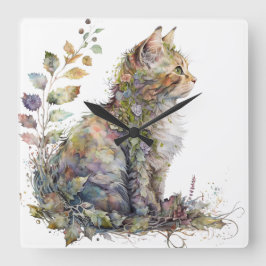 WASSERFARBE CAT-GESICHT UND HÜBSCHE BLUME QUADRATISCHE WANDUHR