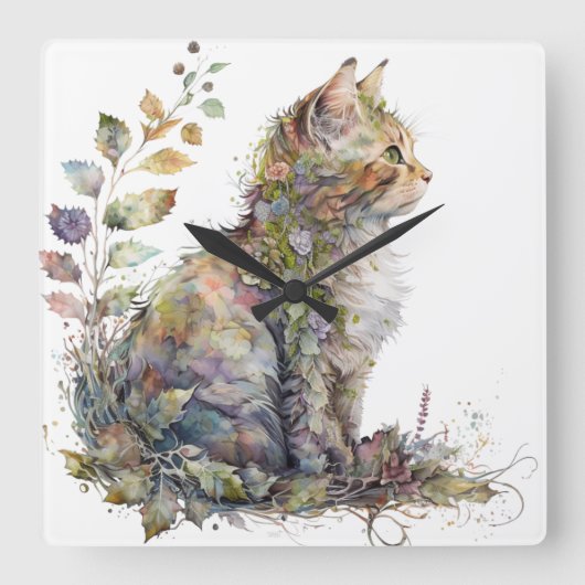 WASSERFARBE CAT-GESICHT UND HÜBSCHE BLUME QUADRATISCHE WANDUHR (Vorderseite)