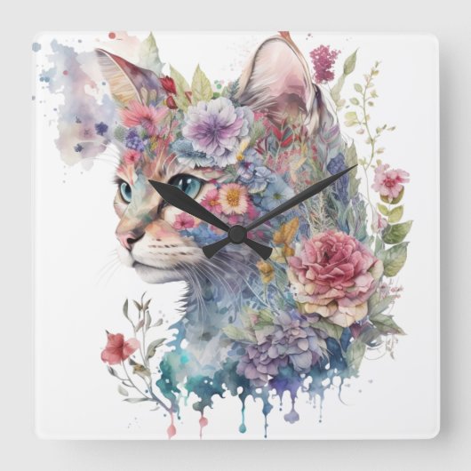 WASSERFARBE CAT-GESICHT UND HÜBSCHE BLUME QUADRATISCHE WANDUHR (Vorderseite)