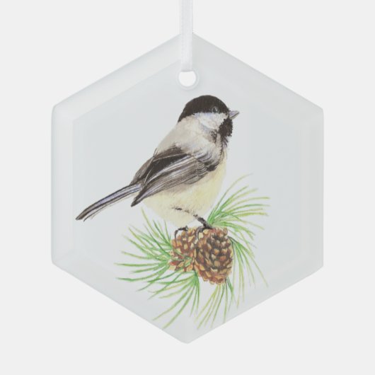 Wasserfarbe Chickadee Bird Pine Ornament Aus Glas (Vorderseite)