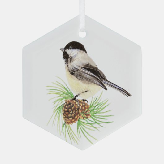 Wasserfarbe Chickadee Bird Pine Ornament Aus Glas (Rückseite)