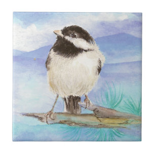 Wasserfarbe Chickadee Niedlicher Kleine Vogelart Fliese