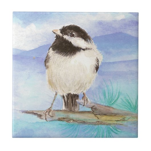 Wasserfarbe Chickadee Niedlicher Kleine Vogelart Fliese (Vorderseite)