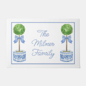 Wasserfarbe Chinoiserie Blauer Bow Topiary Fußmatte (Vorderseite)