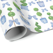 Wasserfarbe Chinoiserie Blauer Bow Topiary Geschenkpapier (Rolleneckpunkt)