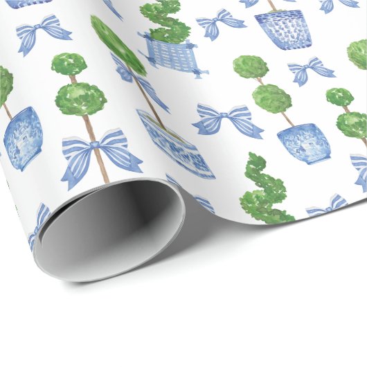 Wasserfarbe Chinoiserie Blauer Bow Topiary Geschenkpapier (Rolleneckpunkt)