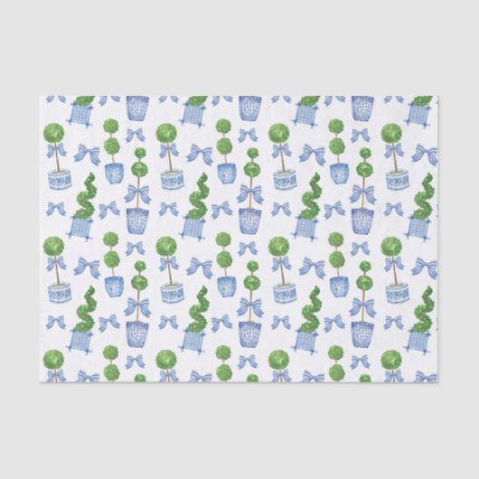 Wasserfarbe Chinoiserie Blauer Bow Topiary Seidenpapier (Vorderseite)