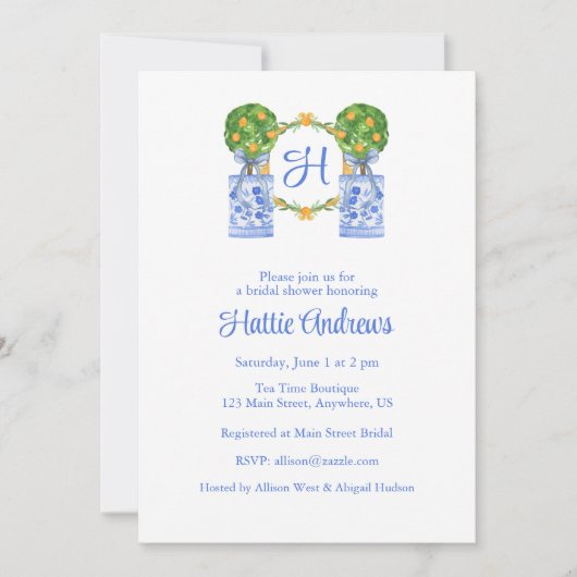 Wasserfarbe Chinoiserie Citrus Topiary Monogram Einladung (Vorderseite)