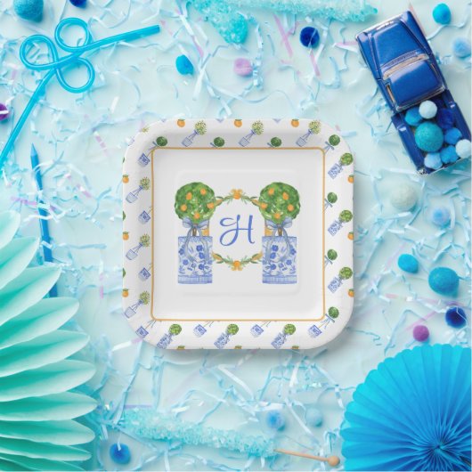 Wasserfarbe Chinoiserie Citrus Topiary Monogram Pappteller (Party)