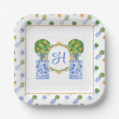 Wasserfarbe Chinoiserie Citrus Topiary Monogram Pappteller (Vorderseite)