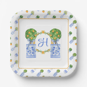 Wasserfarbe Chinoiserie Citrus Topiary Monogram Pappteller